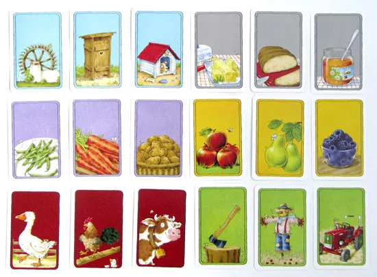 18张不同颜色和图案的农庄主题物品卡牌平铺展示