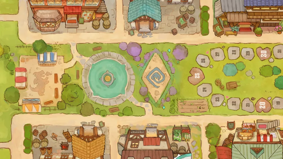 龙焰魔法镇的俯视版图，展示了中心的喷泉、周边的商店和右侧的计分轨道