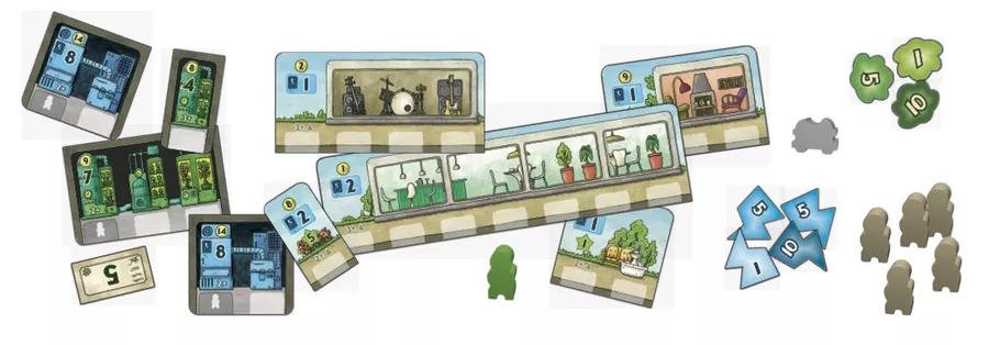 桌游《富途共乐》的各类配件,包括房间板块、发电机板块、木质米宝和蓝色箭头指示物。