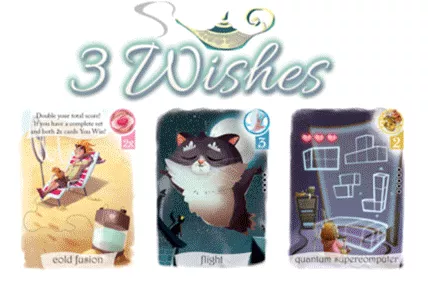 三张核心愿望卡示例：左侧为 2x 倍率的“冷核聚变”，中间是 3 点的“飞行”，右侧是 2 点的“量子超级计算机”。